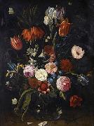 Jan Van Kessel the Younger A still life of tulips, a crown imperial, snowdrops, lilies, irises, roses and other flowers in a glass vase with a lizard, butterflies, a dragonfly a oil painting artist